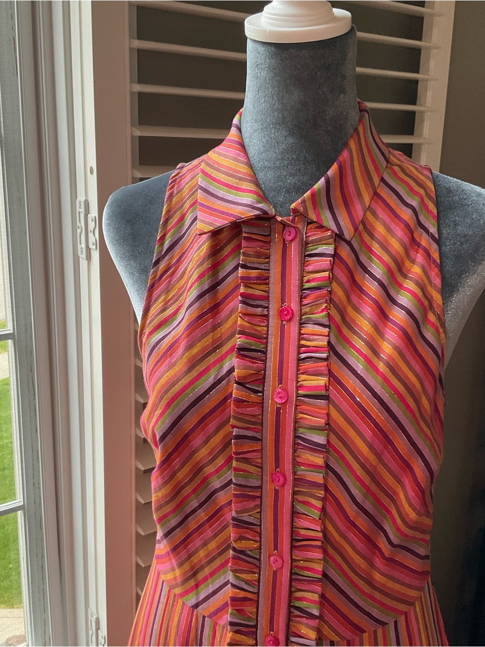 JB Julie Brown NYC Midi Tank Dress w/ Collar & Front Buttons down ruffle placket